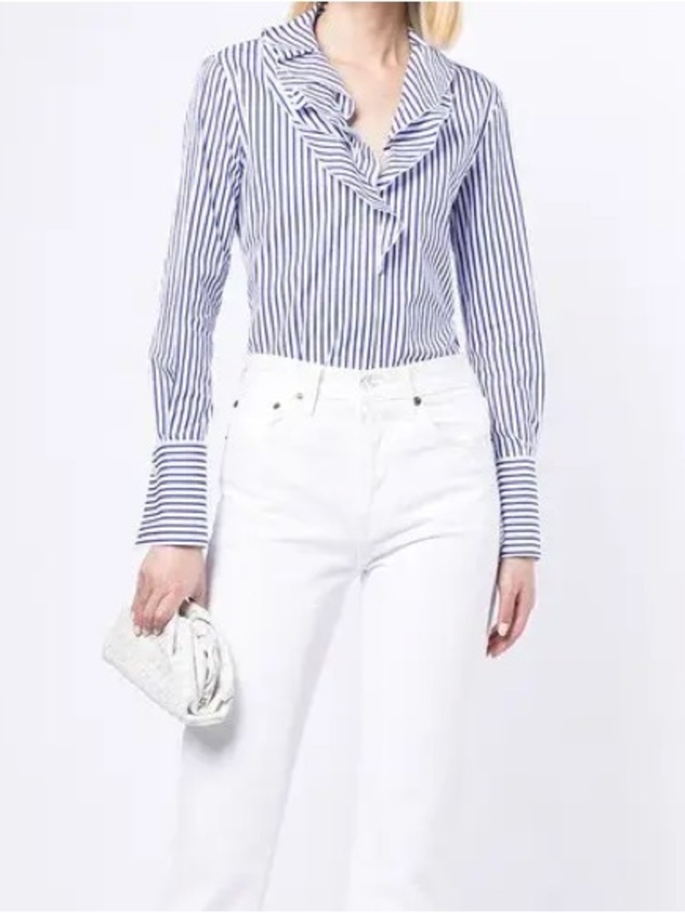 Ralph Lauren Collection Annora Ruffle-Trim Striped Blouse Blue & White, Size 8